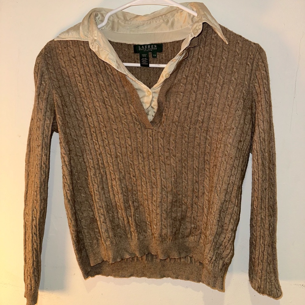 RALPH LAUREN Cable knit top with silk collar